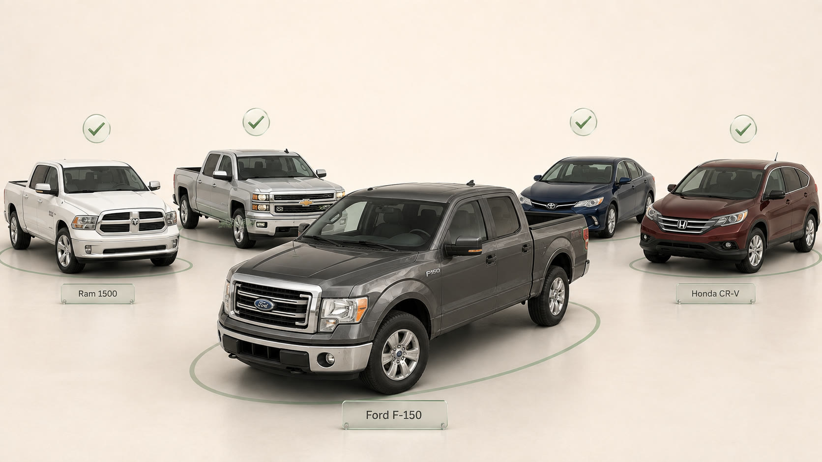 Selected lineup featuring Ford F-150, Ram 1500, Silverado, Camry and CR-V.